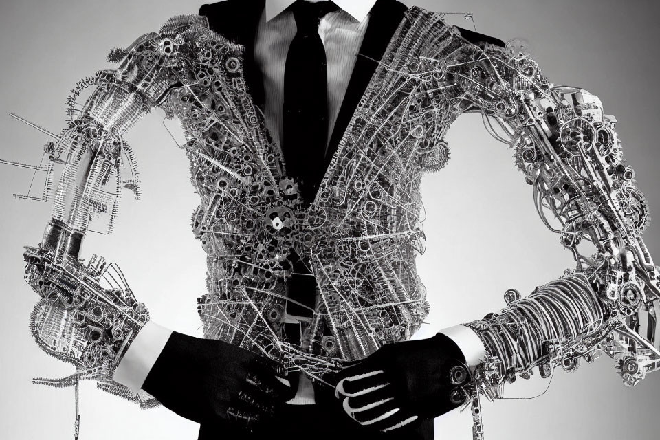 Intricate mechanical torso with gears, suit, tie, and gloves