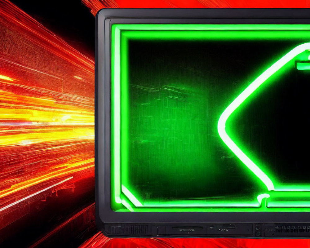 Vibrant green neon outline on computer monitor against blurred reddish background.