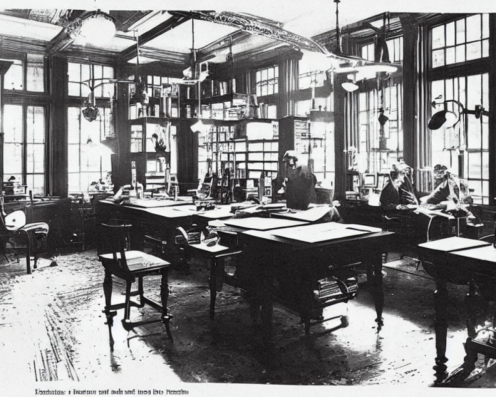 Vintage Black and White Photo of People Working at Drafting Tables in Industrial Interior