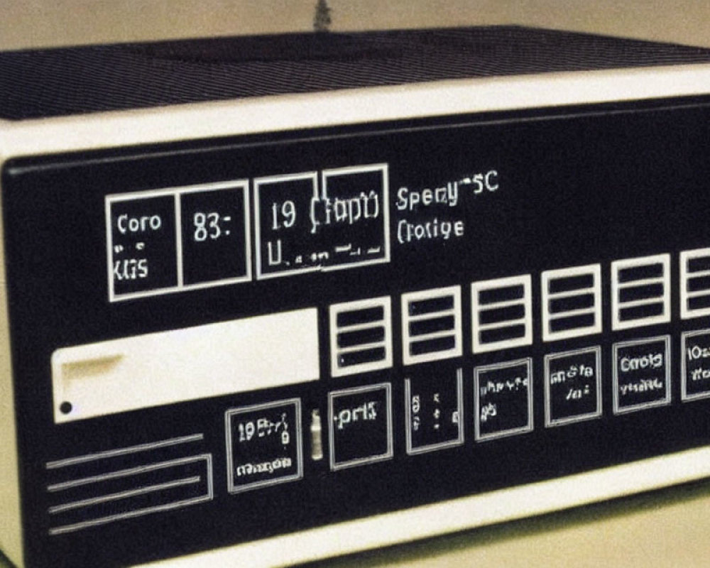 Retro electronic device with display, buttons, and text labels