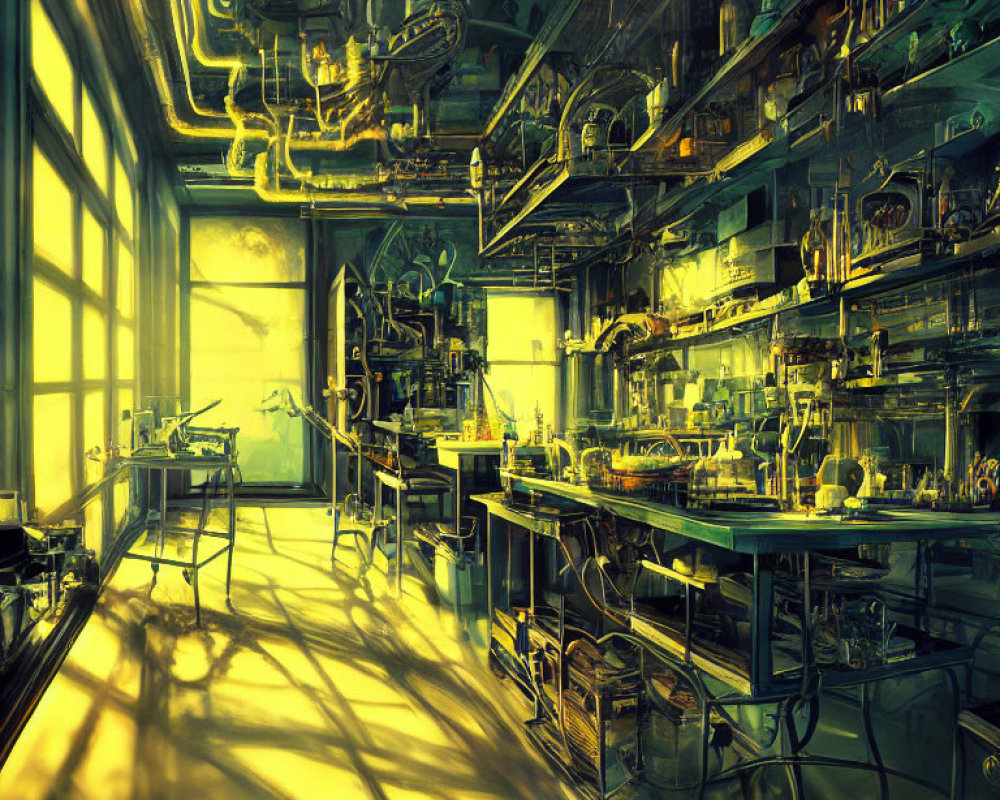 Intricate Steampunk-style laboratory with brass pipes and gears