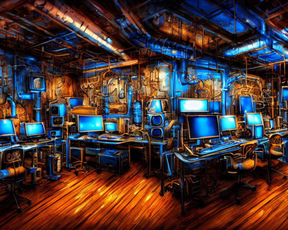 High-tech control room with glowing blue screens in industrial setting