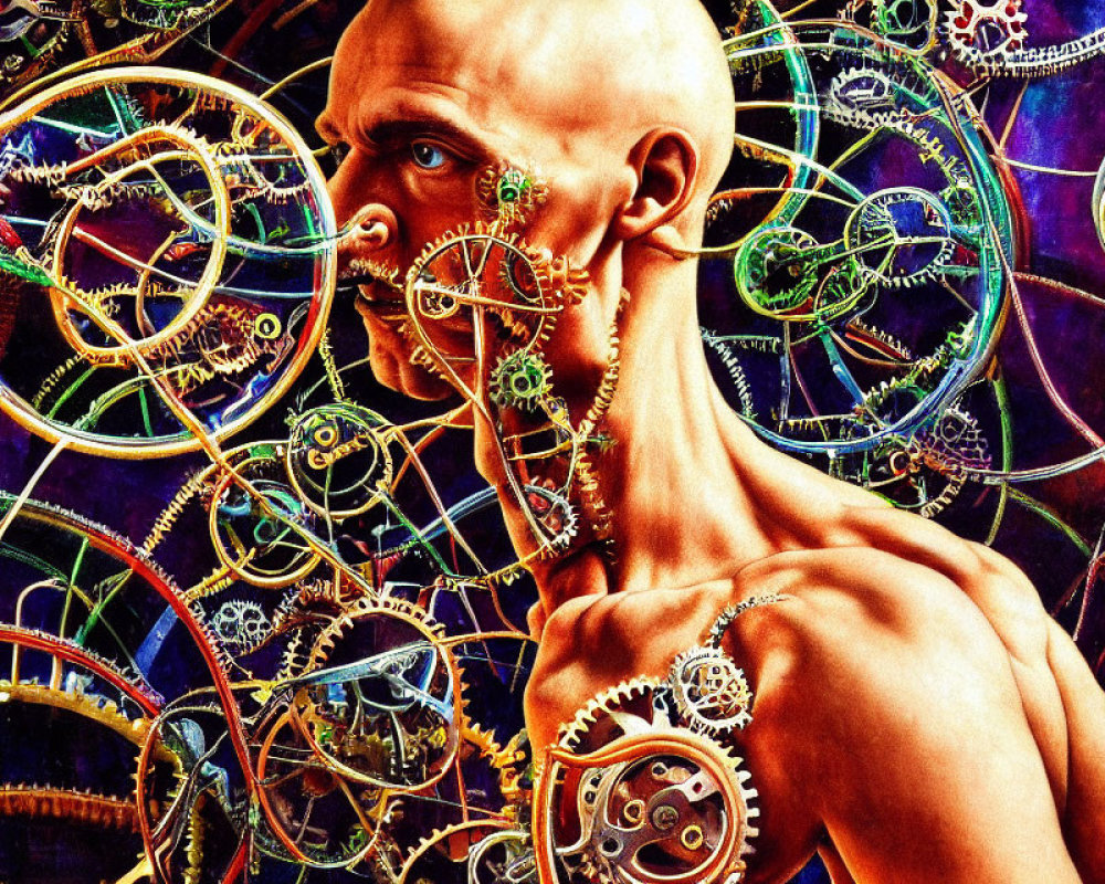 Colorful painting of bald human figure with mechanical elements