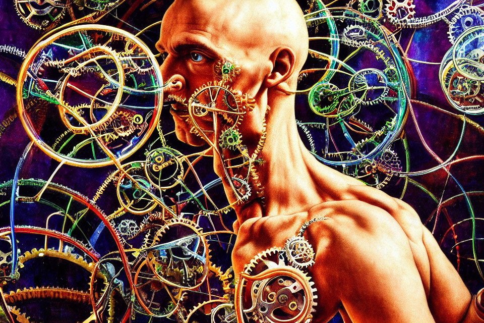 Colorful painting of bald human figure with mechanical elements