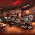 High-tech control room with glowing blue screens in industrial setting