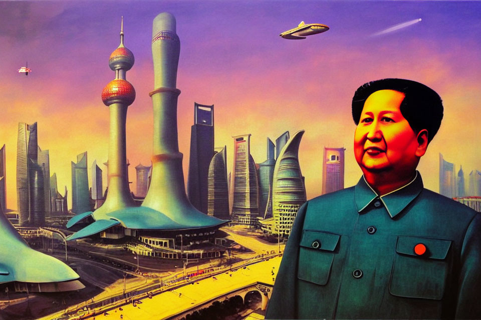 Surreal futuristic cityscape with flying cars and military figure