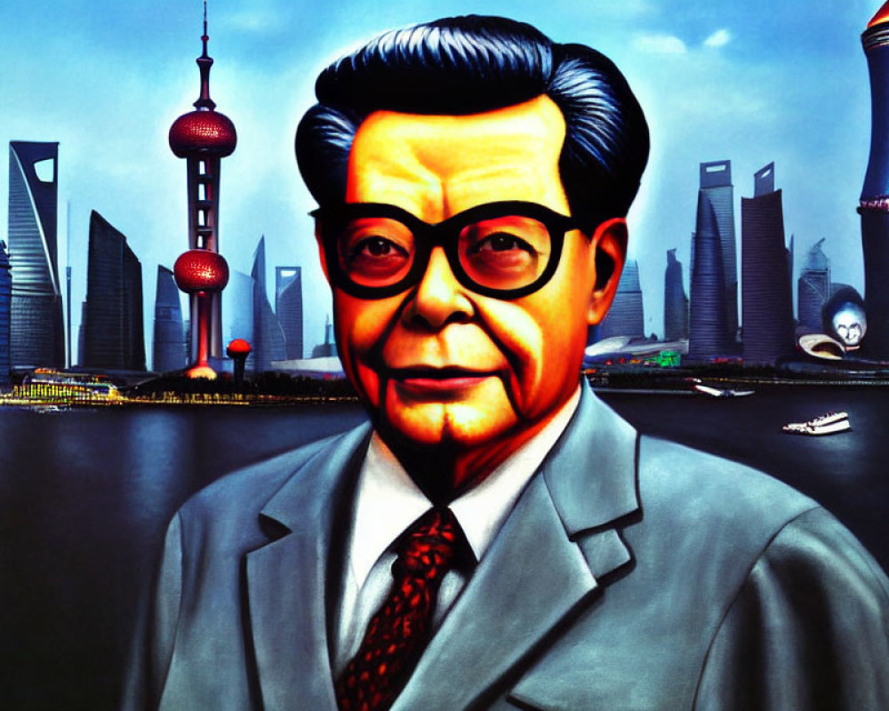 Bespectacled man in grey attire against Shanghai skyline backdrop