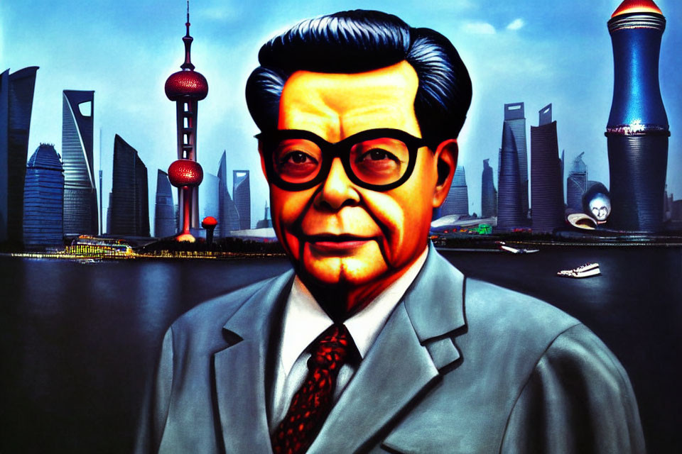 Bespectacled man in grey attire against Shanghai skyline backdrop