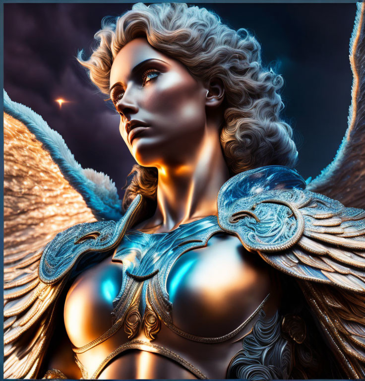 Digital artwork of female figure with golden wings and armor gazing at starlit sky