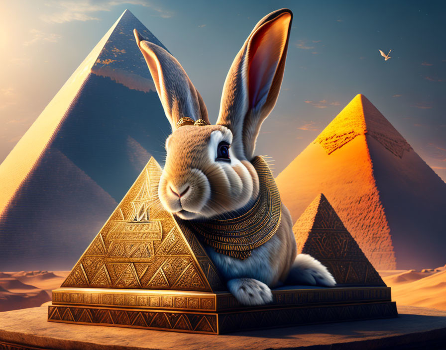 Illustrated rabbit with Egyptian jewelry between pyramids in desert setting