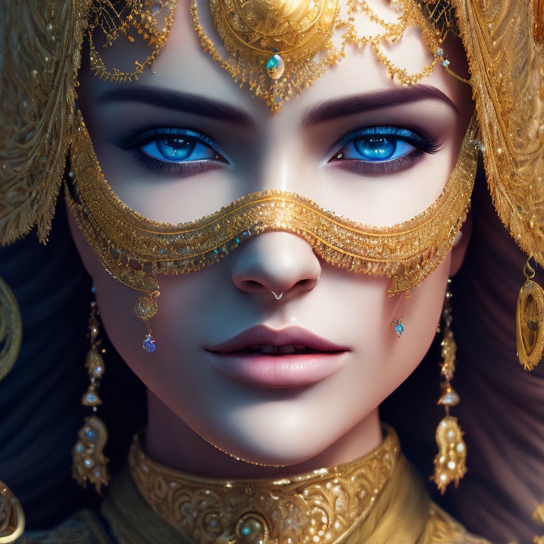 Woman with Striking Blue Eyes Wearing Golden Mask and Jewelry