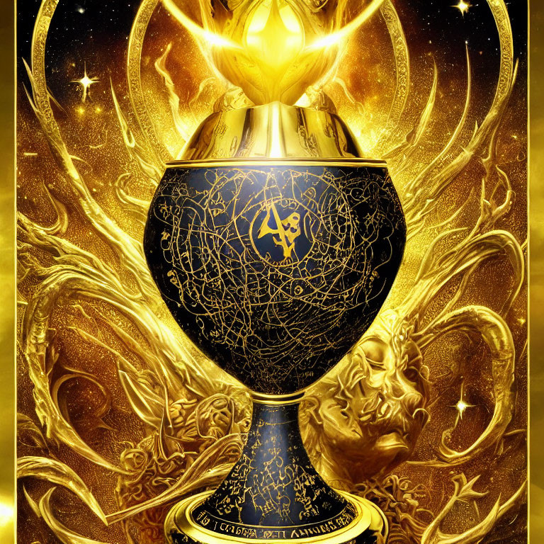 Intricate Golden Goblet with Glowing Orb on Celestial Background