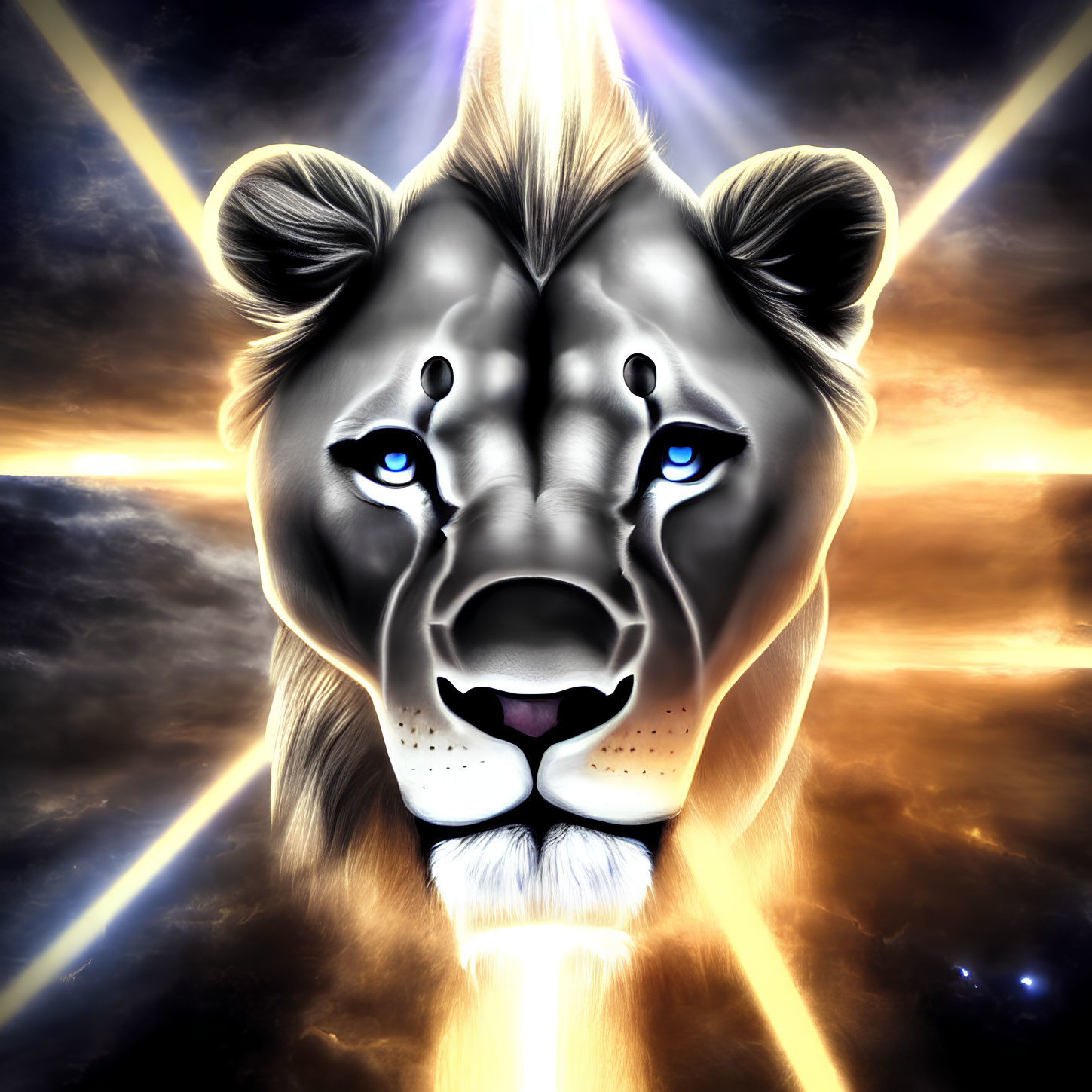 Digital illustration: Lion's face with blue eyes and radiant light rays.