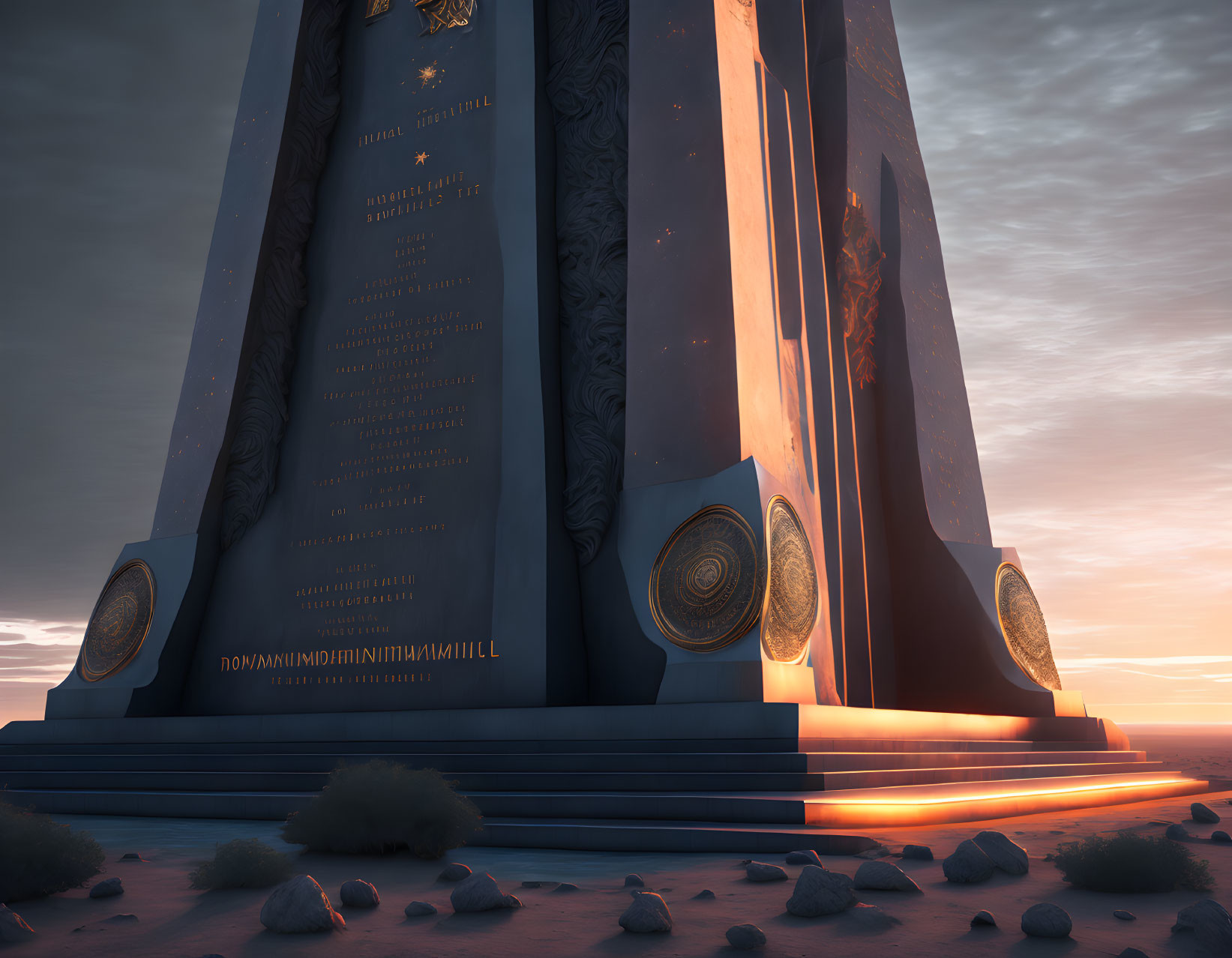 Futuristic monument with inscriptions at sunset in desert landscape