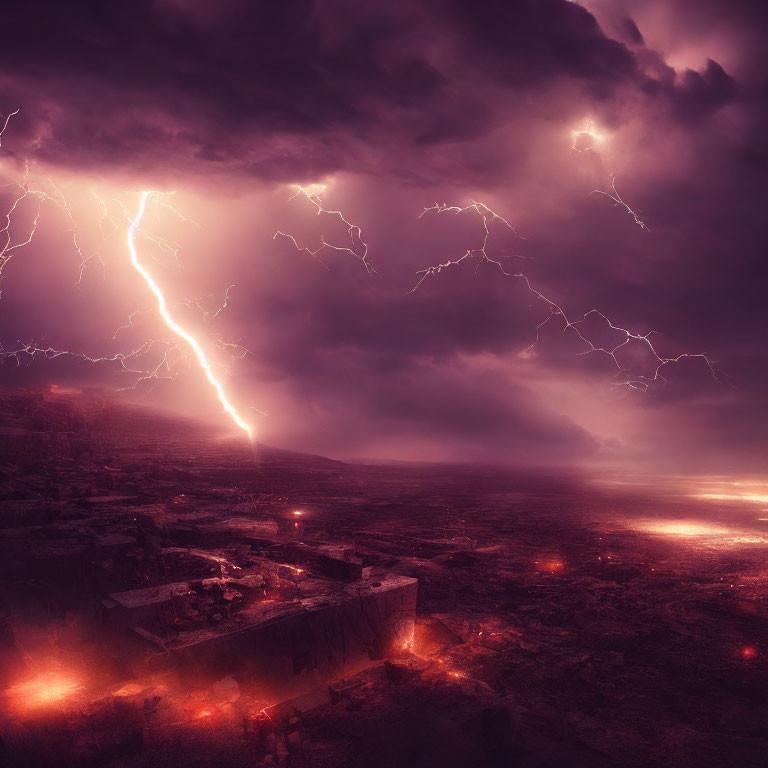 Apocalyptic landscape with purple skies, lightning strikes, ruins, and red fissures