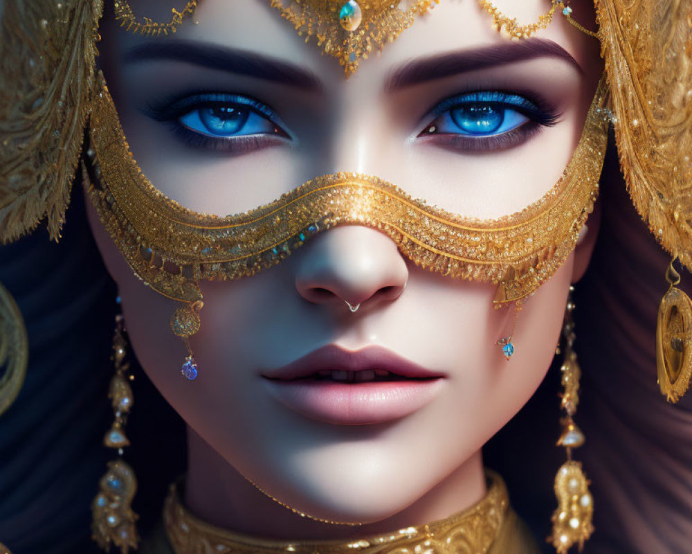 Woman with Striking Blue Eyes Wearing Golden Mask and Jewelry