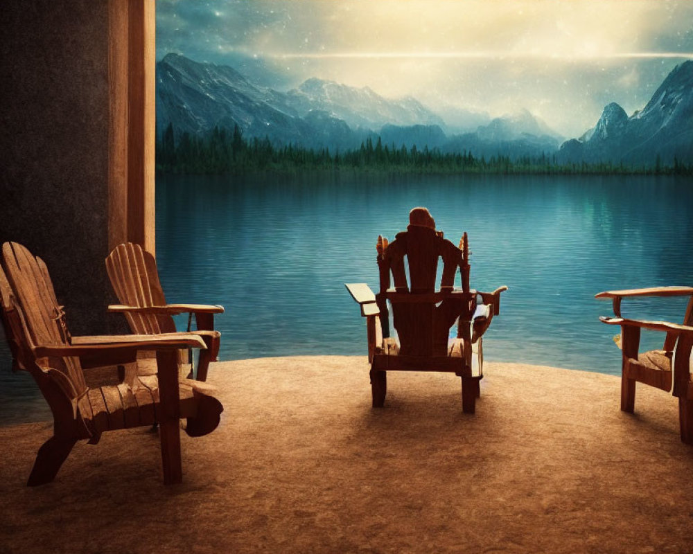 Tranquil lakeside dusk scene with mountains, wooden chairs, and a person relaxing