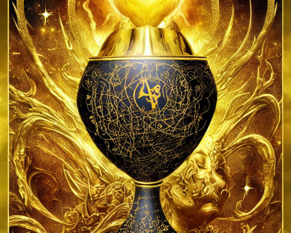 Intricate Golden Goblet with Glowing Orb on Celestial Background