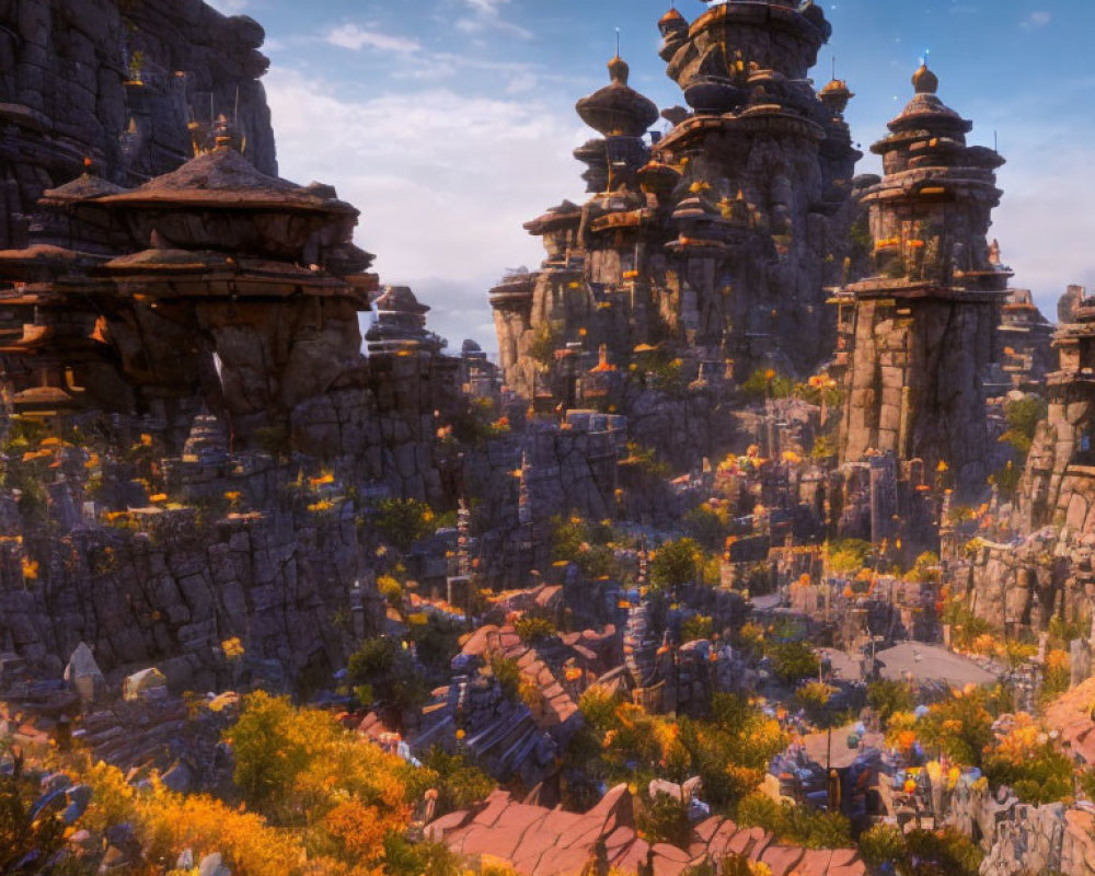 Ancient City with Towering Spires on Cliffs at Sunset