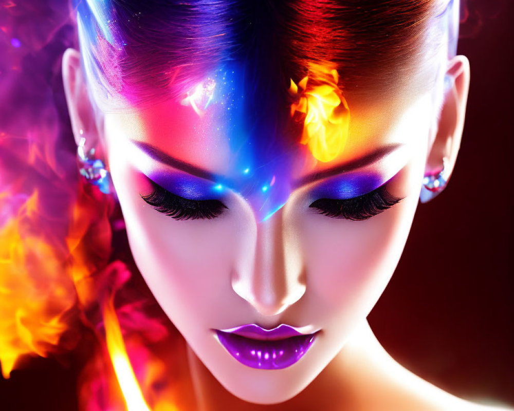 Vibrant Neon Makeup Portrait with Glowing Effects