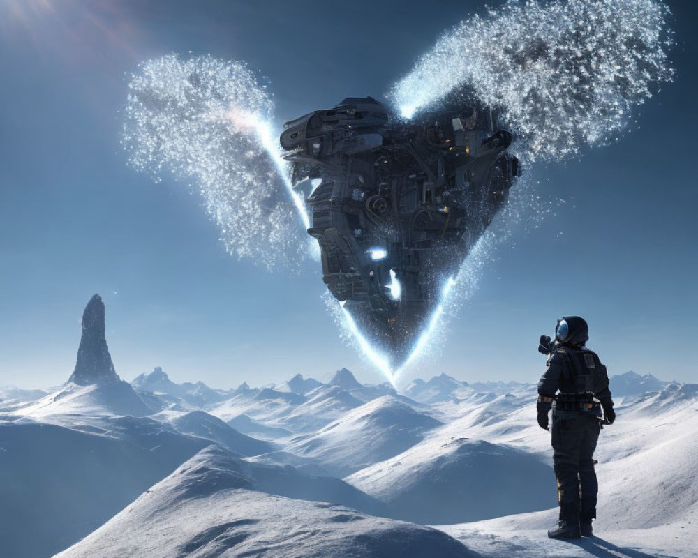 Astronaut on snowy mountain ridge gazes at heart-shaped cosmic entity.