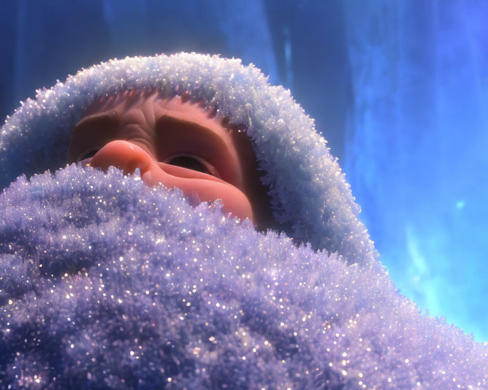 Baby peeking from cozy blanket on blue backdrop conveys warmth