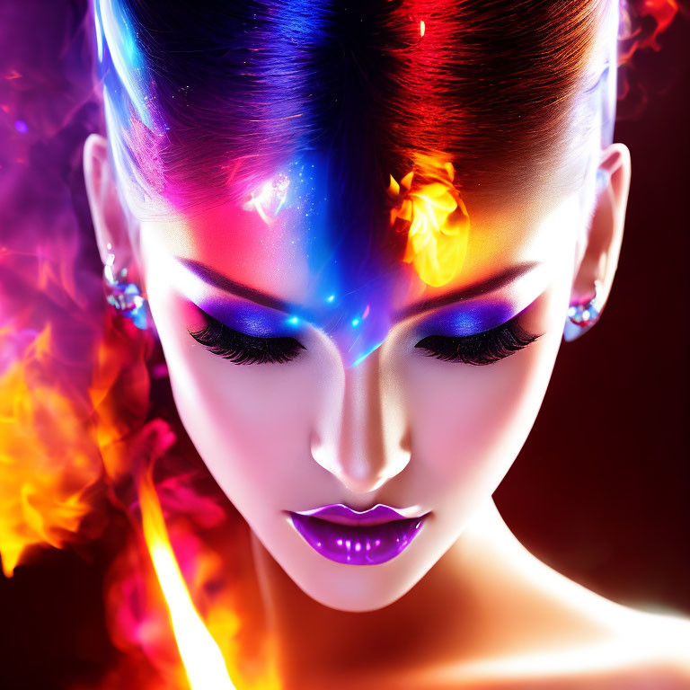 Vibrant Neon Makeup Portrait with Glowing Effects