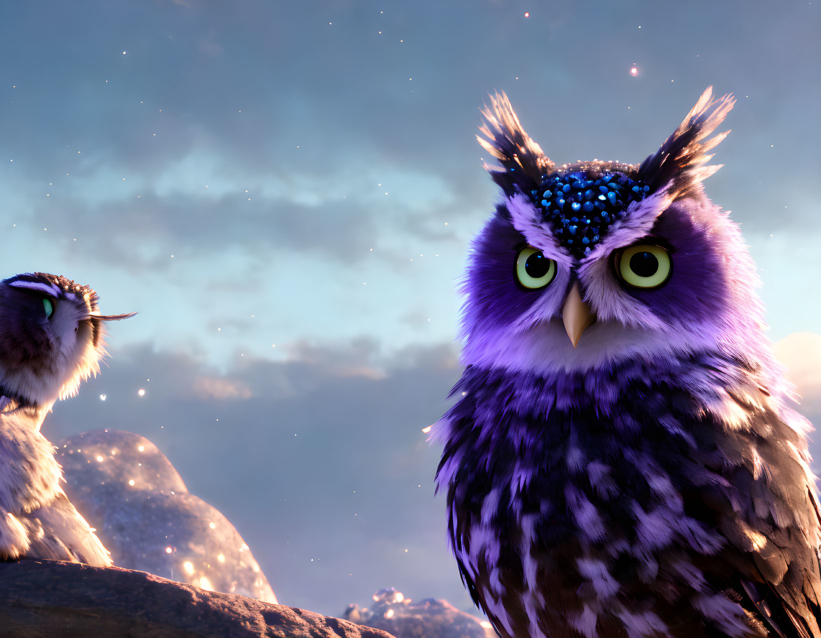 Vividly colored animated owls under starry sky