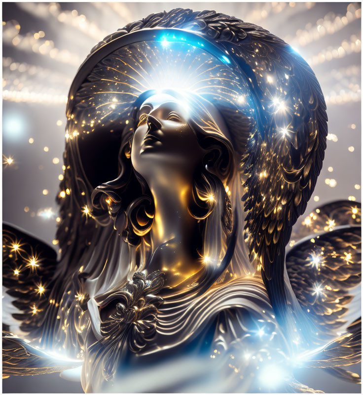 Golden angel statue with wings in mystical glow and twinkling lights on soft bokeh background