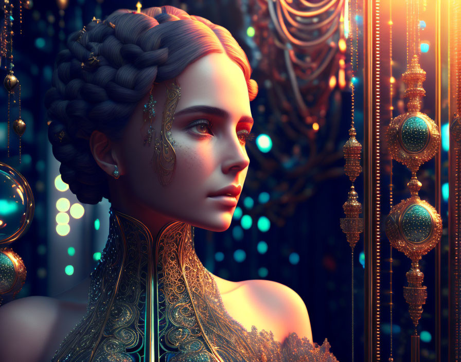 Intricately braided hair and golden adornments on woman against ornate backdrop