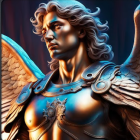 Digital artwork of female figure with golden wings and armor gazing at starlit sky