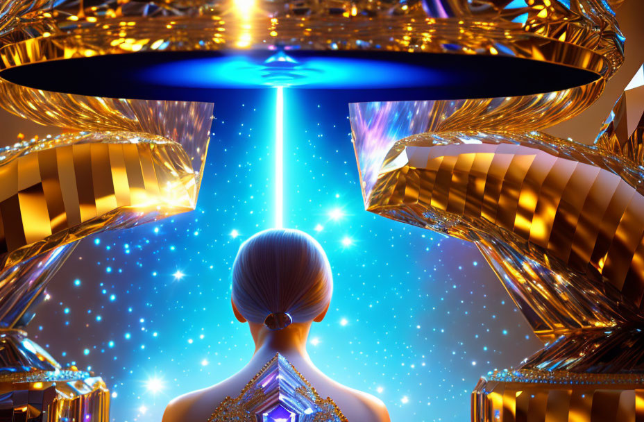 Sleek hairstyle person in front of golden sci-fi structure emitting blue beam