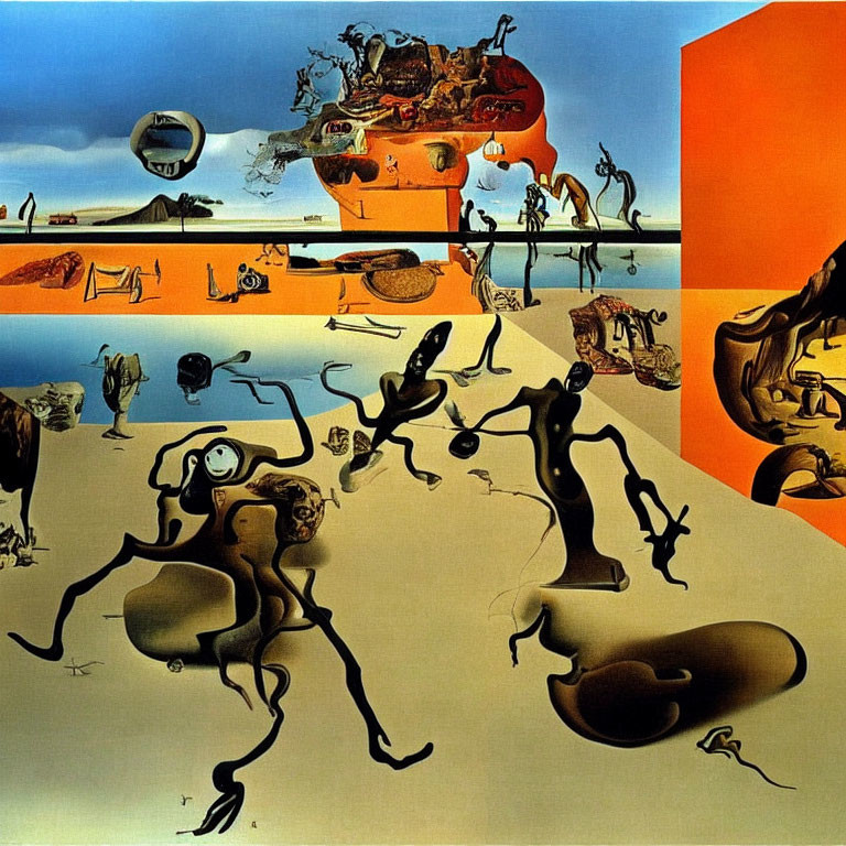 Surrealistic painting featuring anthropomorphic figures and reflective spheres under split sky