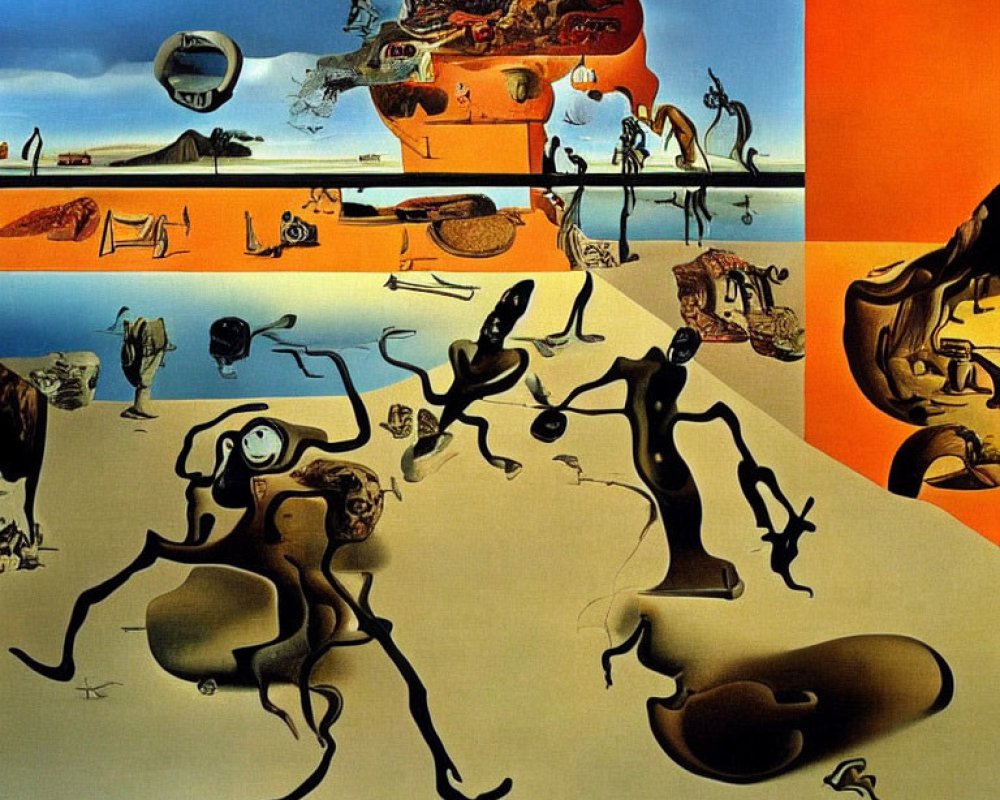 Surrealistic painting featuring anthropomorphic figures and reflective spheres under split sky