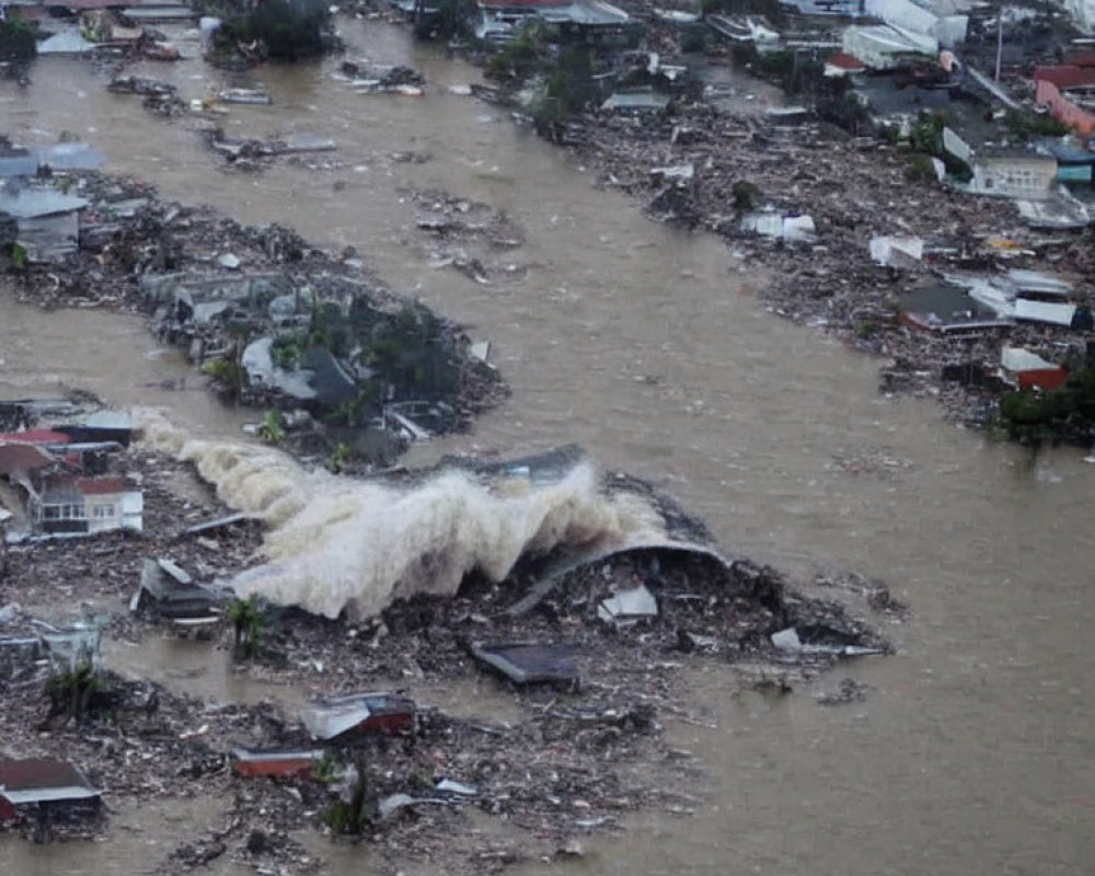 Flooded Area with Brown Muddy Water and Debris Surrounding Waterflow