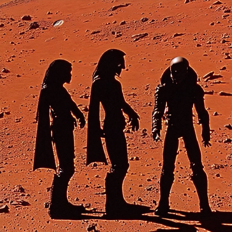 Three astronauts in spacesuits on Mars-like surface.