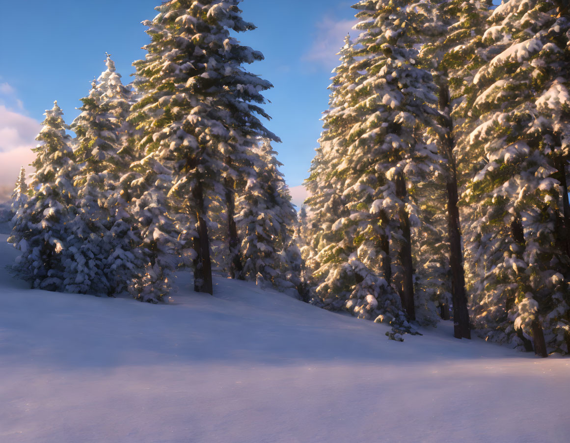 Sunlit Snowy Pine Forest at Sunrise or Sunset