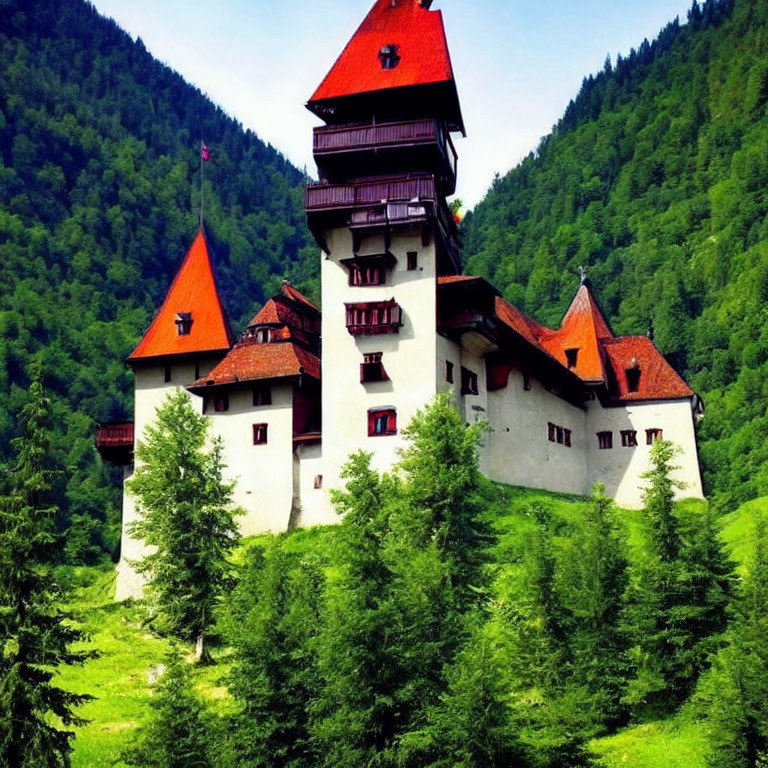 Majestic castle with red-tiled roofs in lush greenery landscape