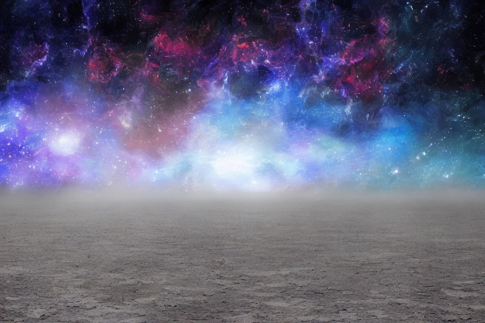 Barren Landscape with Vibrant Cosmic Sky and Nebulae in Purple, Blue, and Pink