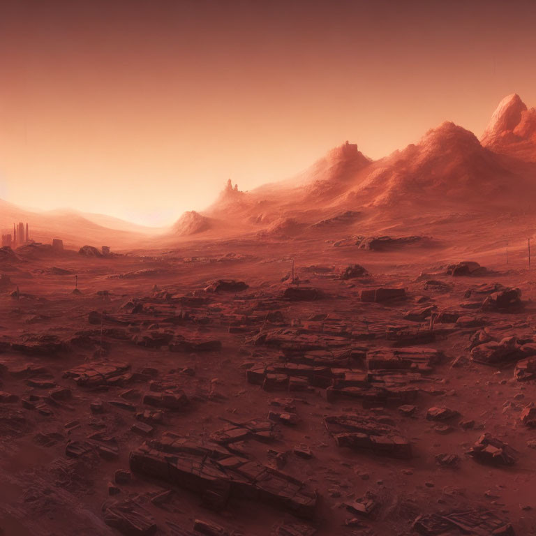 Barren Martian landscape with rocky terrain and abandoned structures.