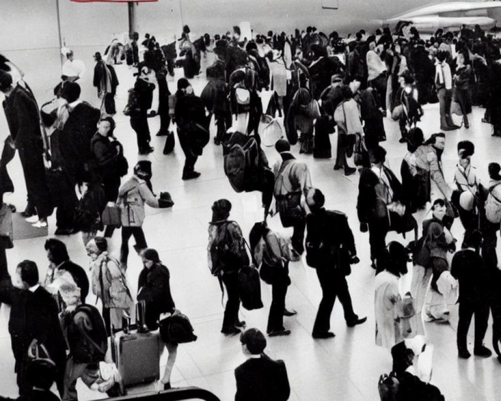 Busy airport terminal with people and airplane, American flag in background