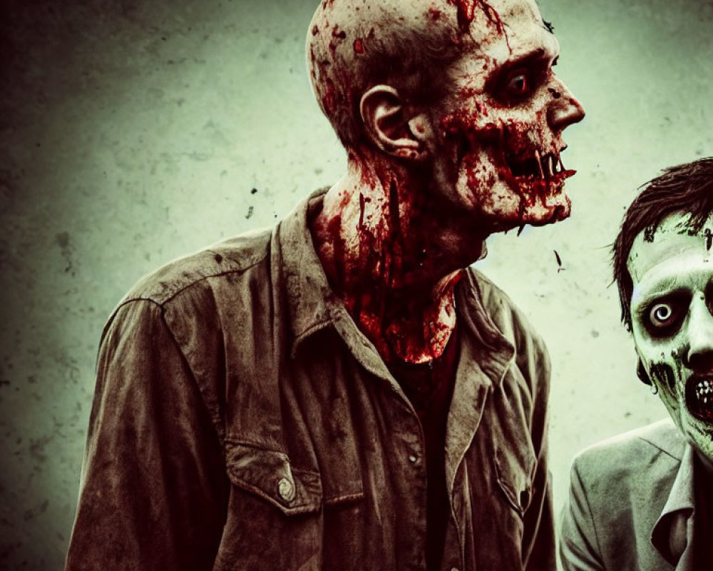 Two people in zombie makeup with bloody details and pale skin on a muted background