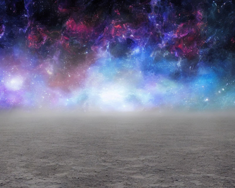 Barren Landscape with Vibrant Cosmic Sky and Nebulae in Purple, Blue, and Pink