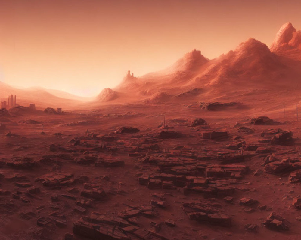 Barren Martian landscape with rocky terrain and abandoned structures.