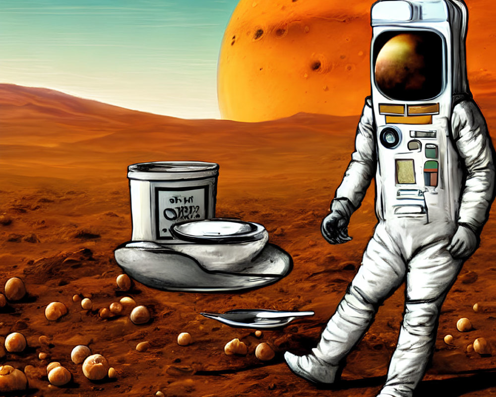 Astronaut on Mars-like planet with OXI3 tin can, plate, fork, and spilled