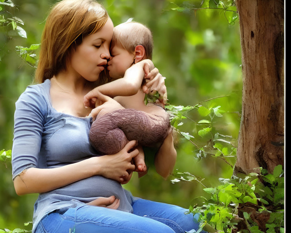 Mother kissing baby's forehead in serene wooded area