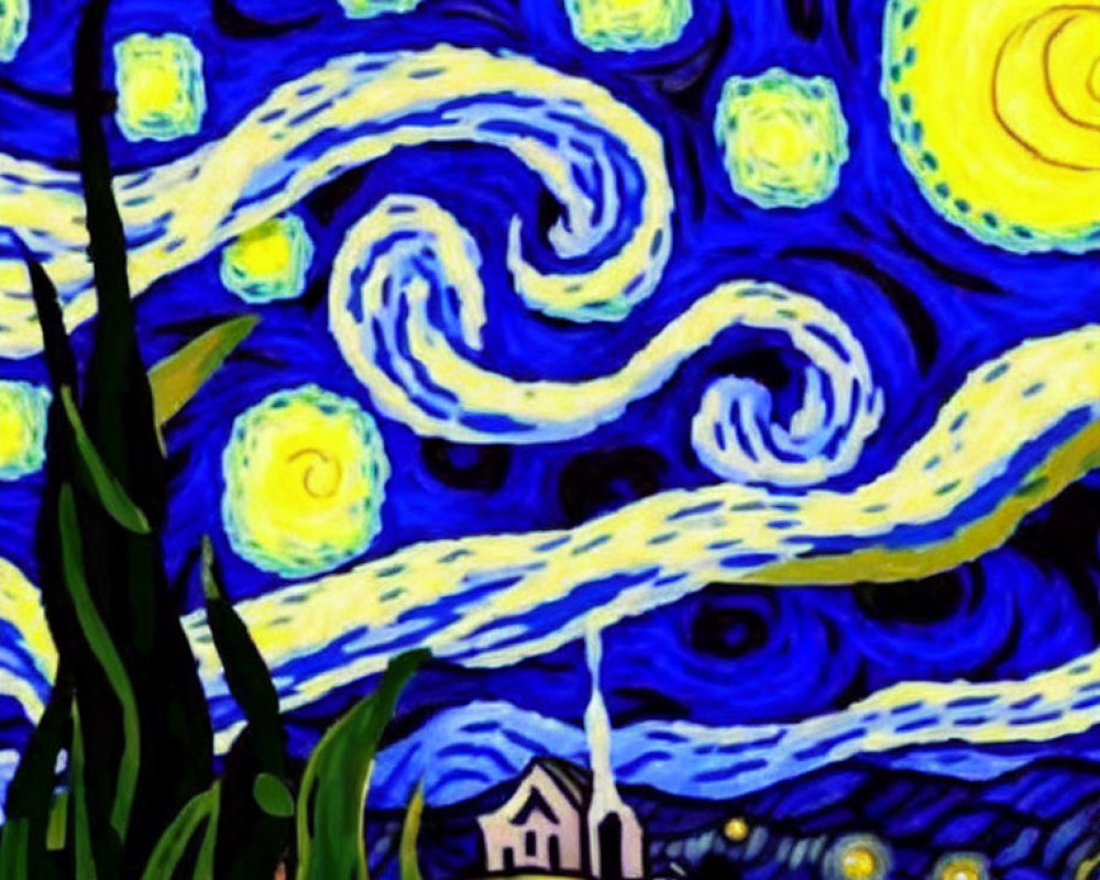 Vibrant painting of starry night with crescent moon and village