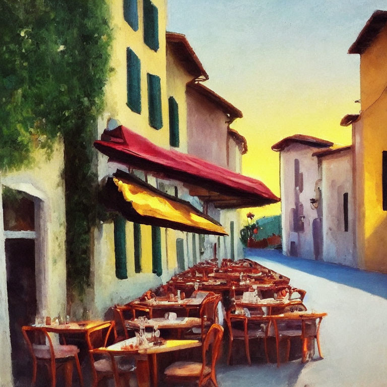 Charming street-side restaurant with empty tables and chairs under awning at dusk