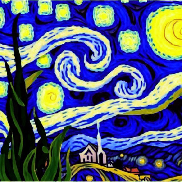 Vibrant painting of starry night with crescent moon and village