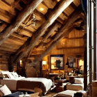 Rustic cabin interior with wooden beams, plush sofas, chandelier, staircase, and scenic view